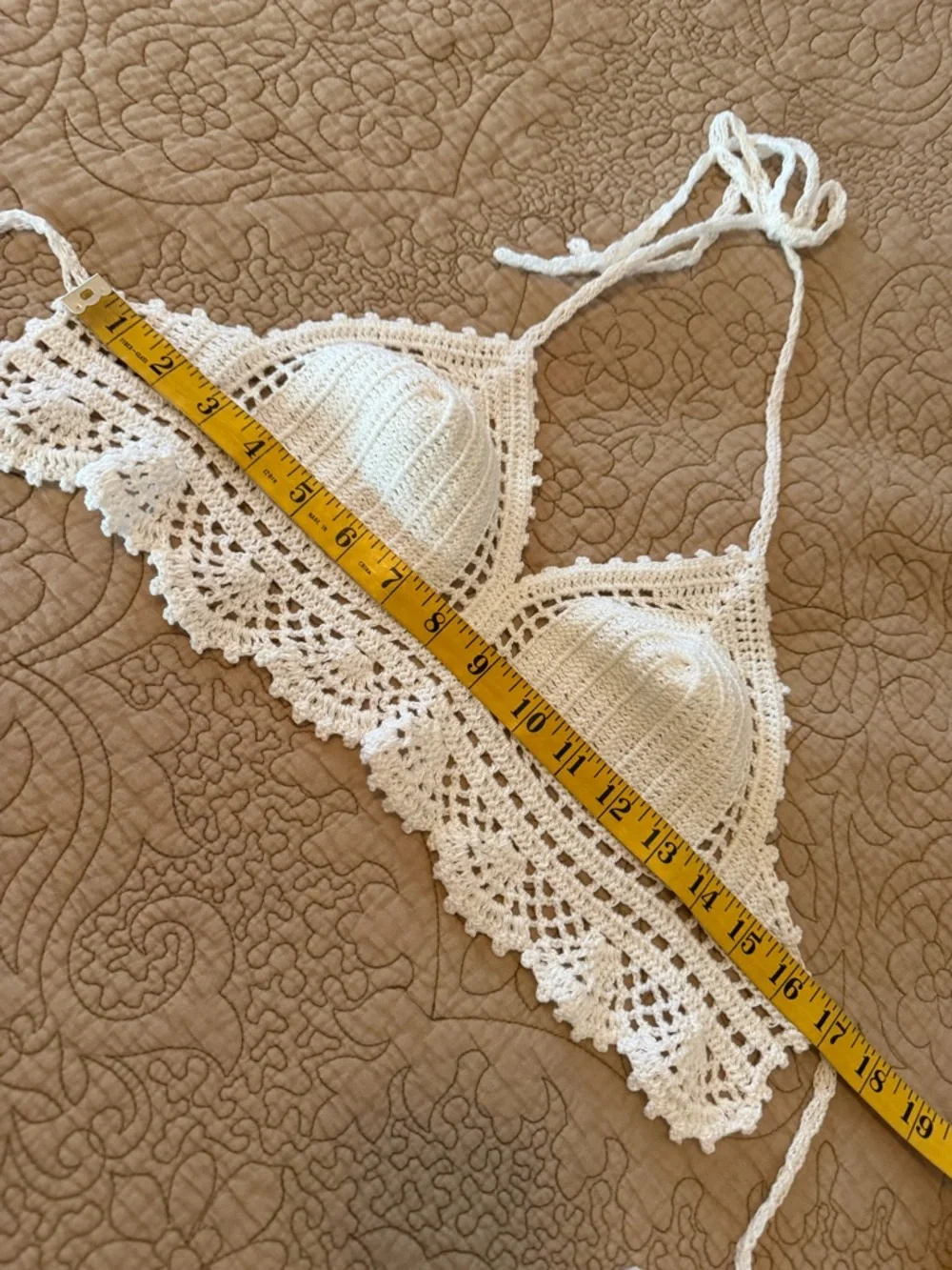 White Crochet Halter Top Boho Festival Lace Bralette Tie Back, Size S